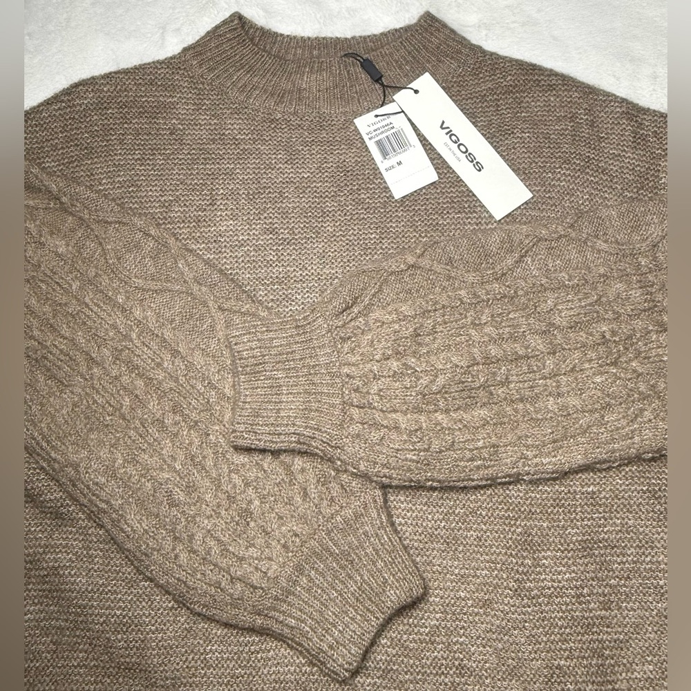 Vigoss Cable Sleeve Crewneck Sweater in Mushroom